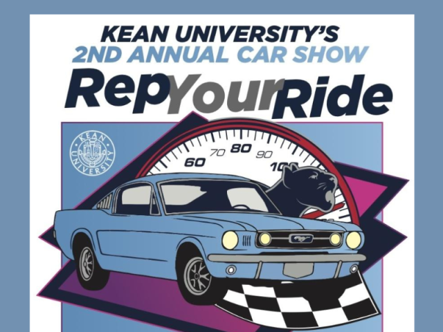 Cartoon image of blue vintage with racing flags, odometer, Kean logo and cougar which reads Rep Your ride Kean's 2nd annual car show