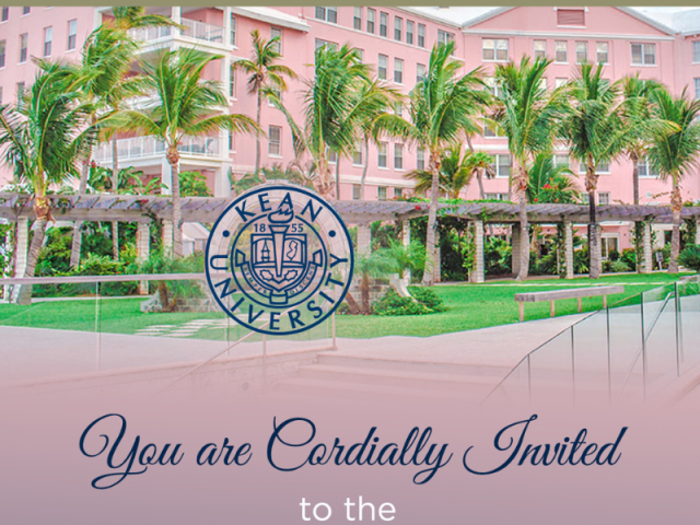 Tropical pink hotel with palm trees and kean logo invite
