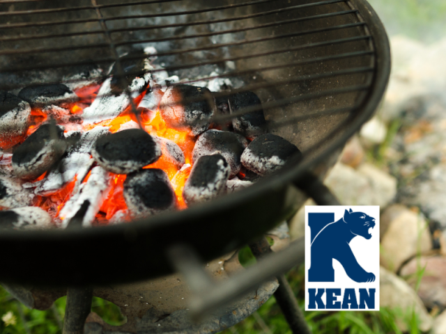 BBQ Grill lit with Kean logo on side