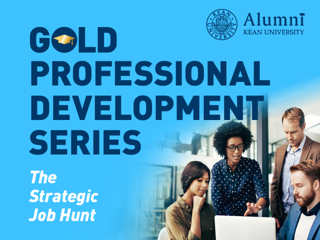 Flyer with blue background and inset of 4 professionals around a laptop for the alumni GOLD Professional Development Series, The Strategic Job Hunt