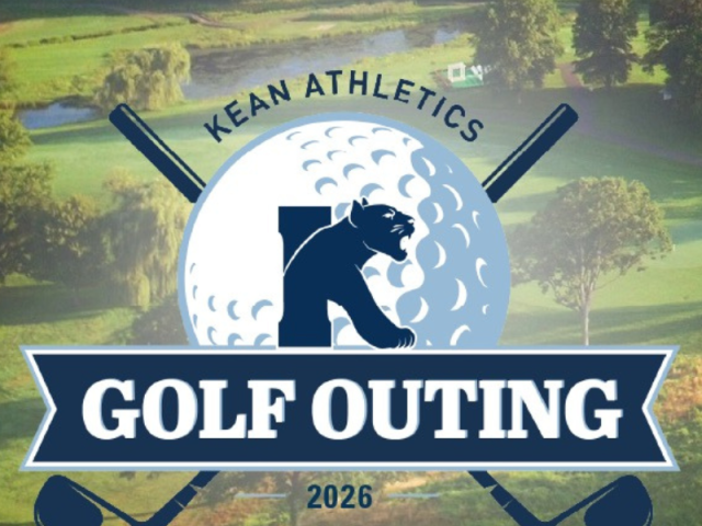 Golf outing logo (golf ball with 2 clubs crossed and the cougar K logo) over background of golf course