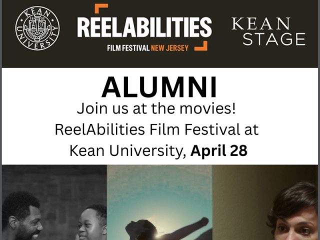 ReelAbilities flyer in black and white for alumni including logos and photos of a father and son and two photos of women (clips from movies)