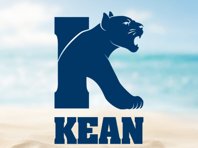 Kean spirit logo with beach backdrop for Kean at the beach