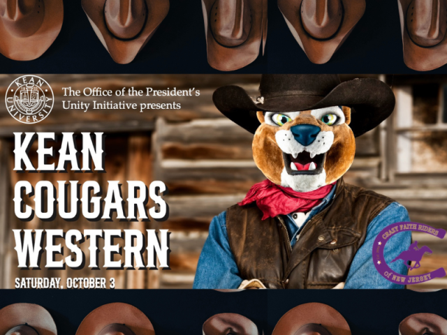 Keanu in denim shirt, leather vest and cowboy hat with other hats around him as a background announcing the Kean Cougars Western event