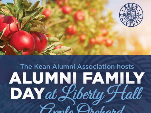 Red apples on tree with sun in background including a blue banner with apple picking event name and Kean logo