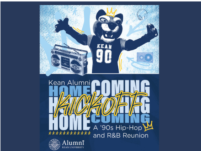 Keanu in football jersey surrounded by 90s graffiti images including a boombox and cassette with wording for Alumni homecoming 90s hip hop and R&B Reunion
