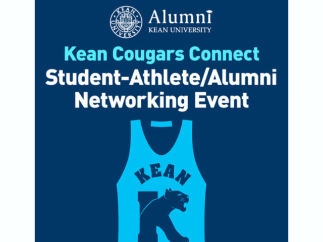 Image of Kean basketball jersey with wording for Student Athlete/ Alumni networking event and the Kean Alumni logo at top