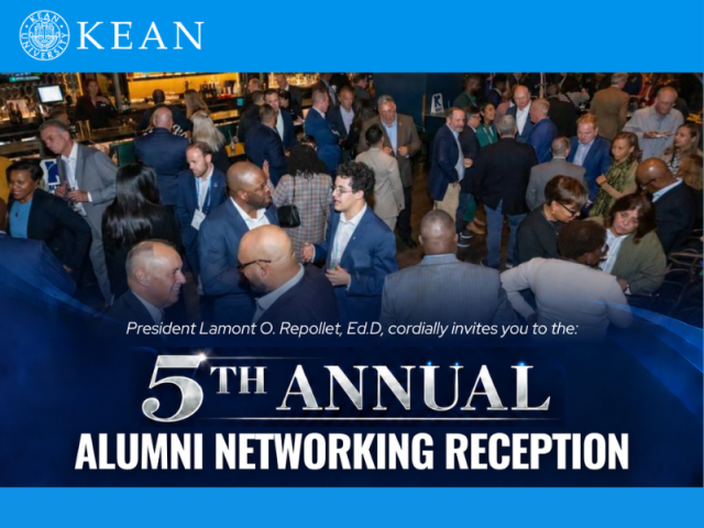 Photo of past reception with various alumni in business wear with 5th annual networking reception NJLM and Kean logo 